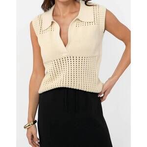 NEW GREYLIN collared sleeveless pointelle knit top in white